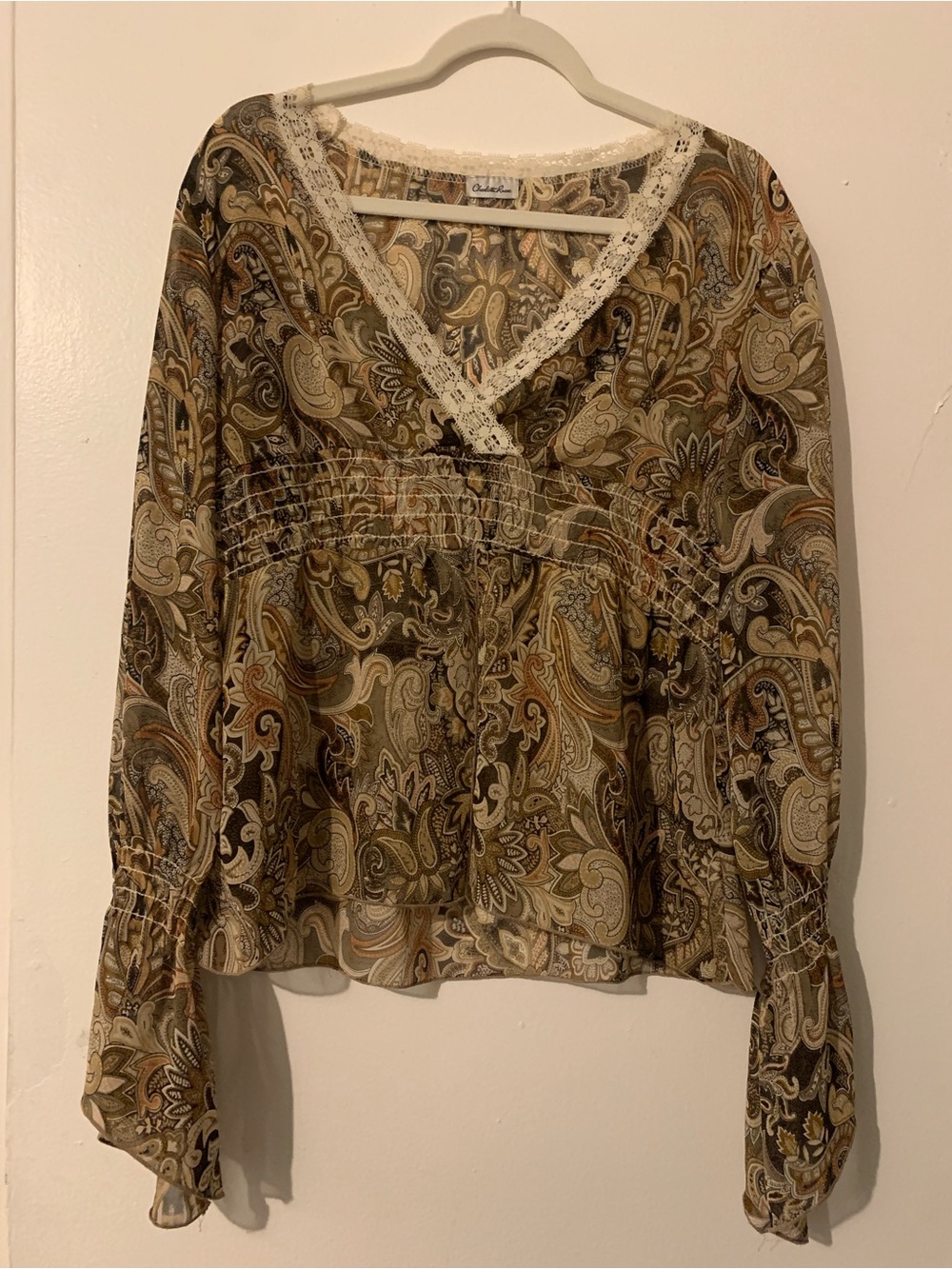 Charlotte Russe Paisley Lace-Trim V-Neck Blouse - Brown Multi